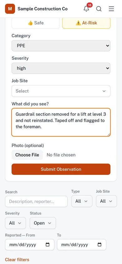 A safety observation being filed on a phone, with safe and at-risk options, severity and a photo field