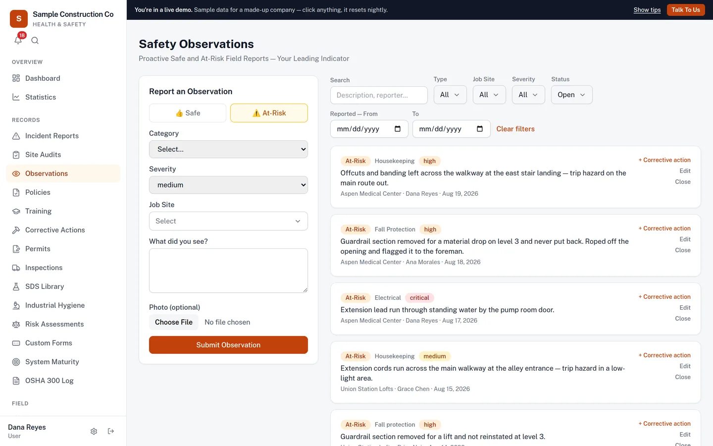 Migna's safety observations list, showing safe and at-risk field reports with severity and status